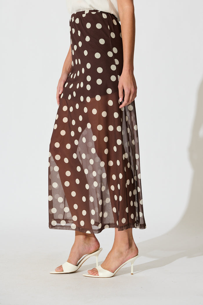 Dotted Moment Maxi Skirt in Brown with White Polka Dot side