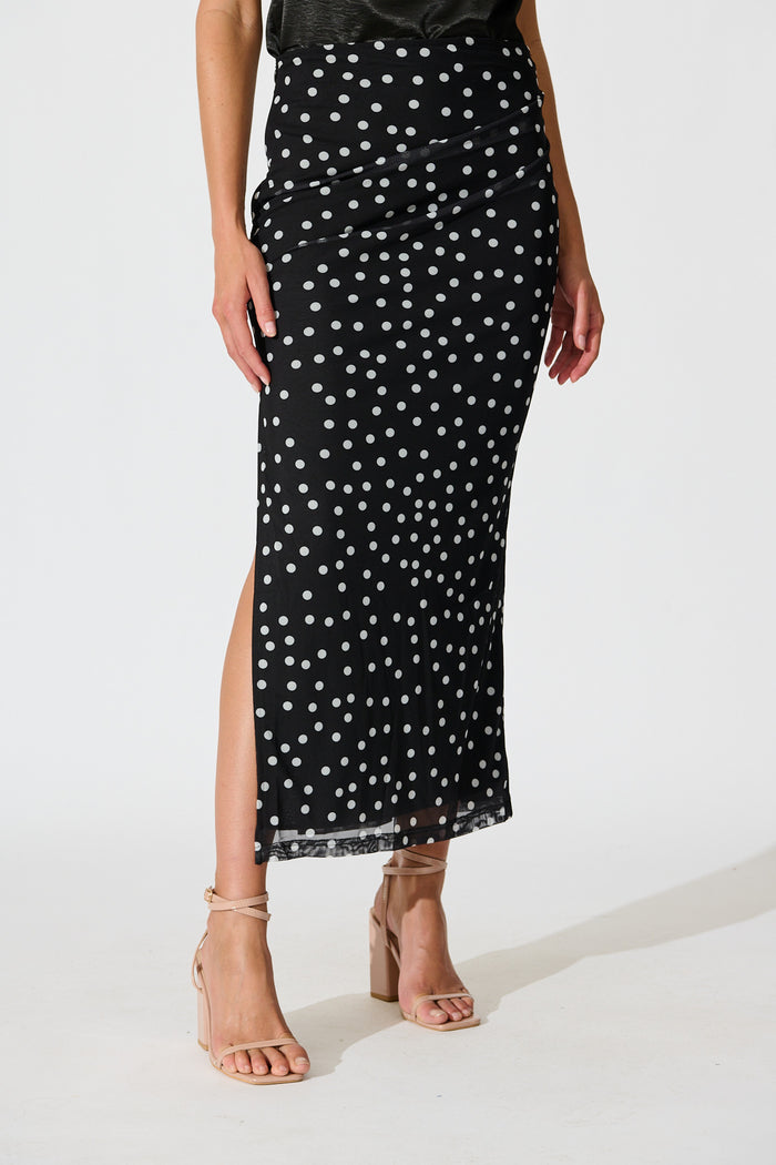 Polka Wish Maxi Skirt in Black with White Polka Dot front