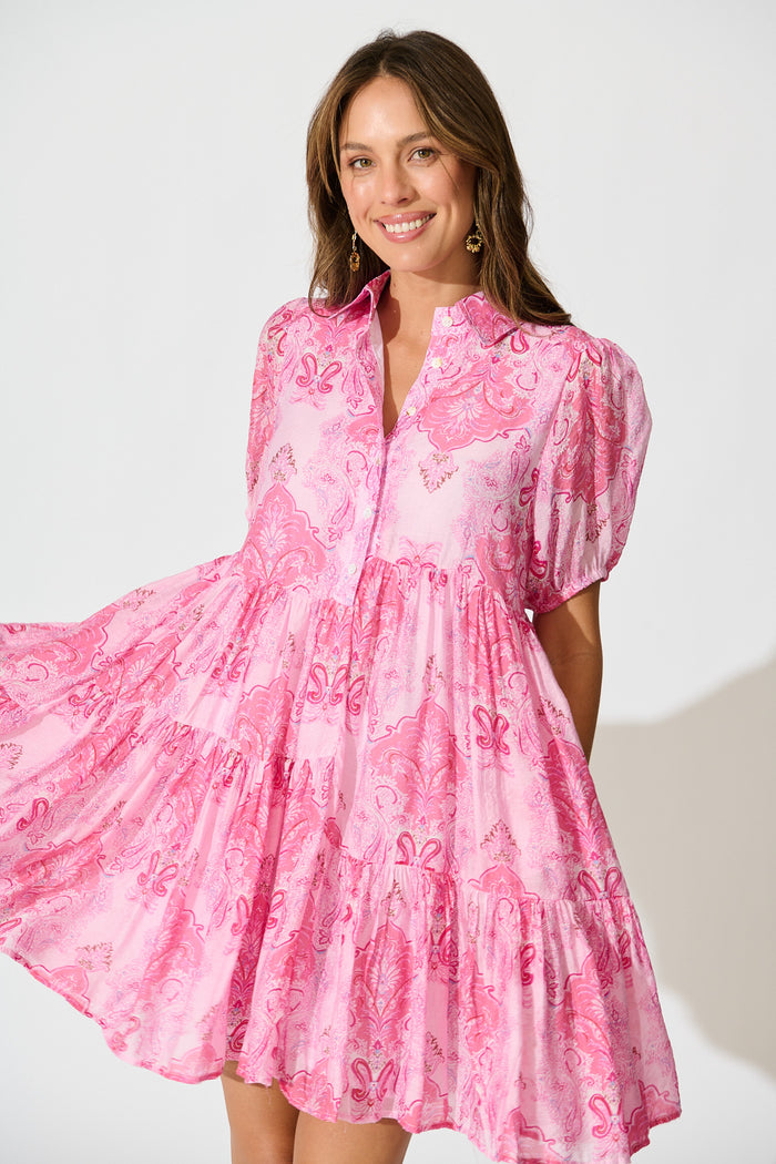 Flore Smock Dress in Pink Paisley Cotton Blend front