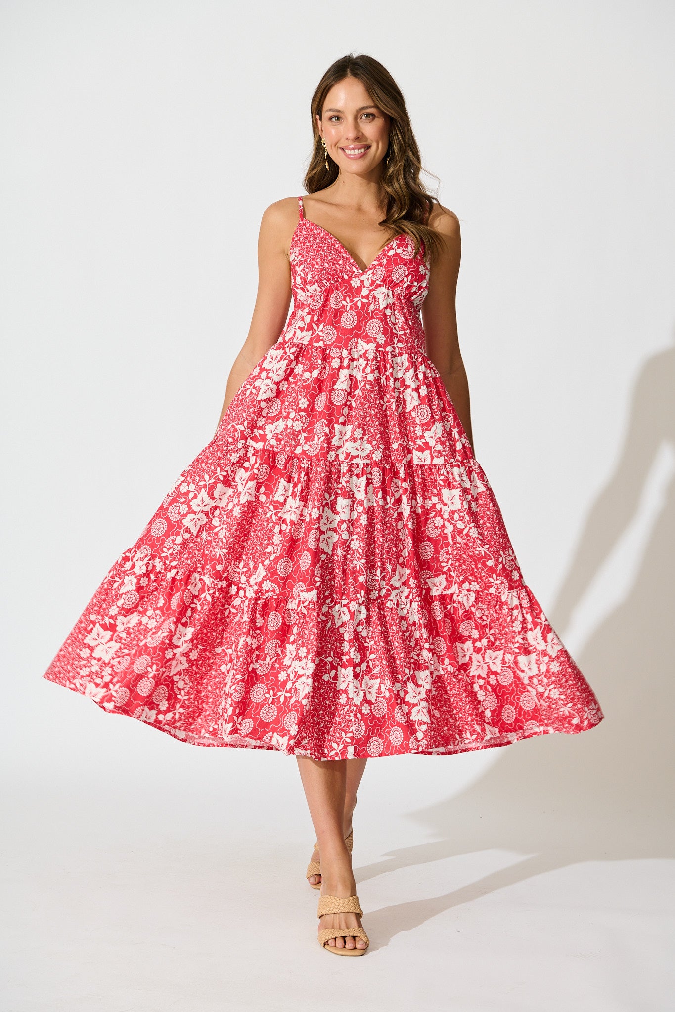 Evangelina Maxi Sundress in Red with White Floral Cotton full length