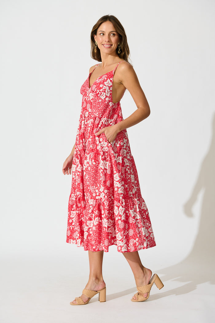 Evangelina Maxi Sundress in Red with White Floral Cotton side