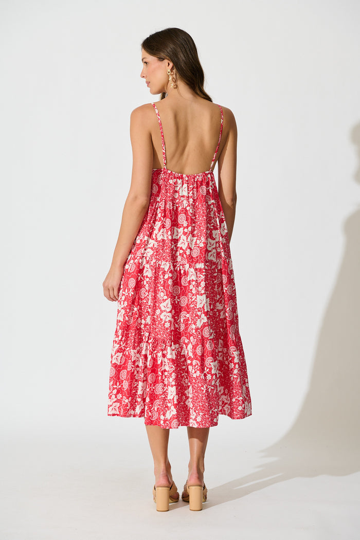 Evangelina Maxi Sundress in Red with White Floral Cotton back