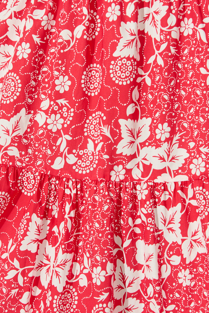 Evangelina Maxi Sundress in Red with White Floral Cotton fabric