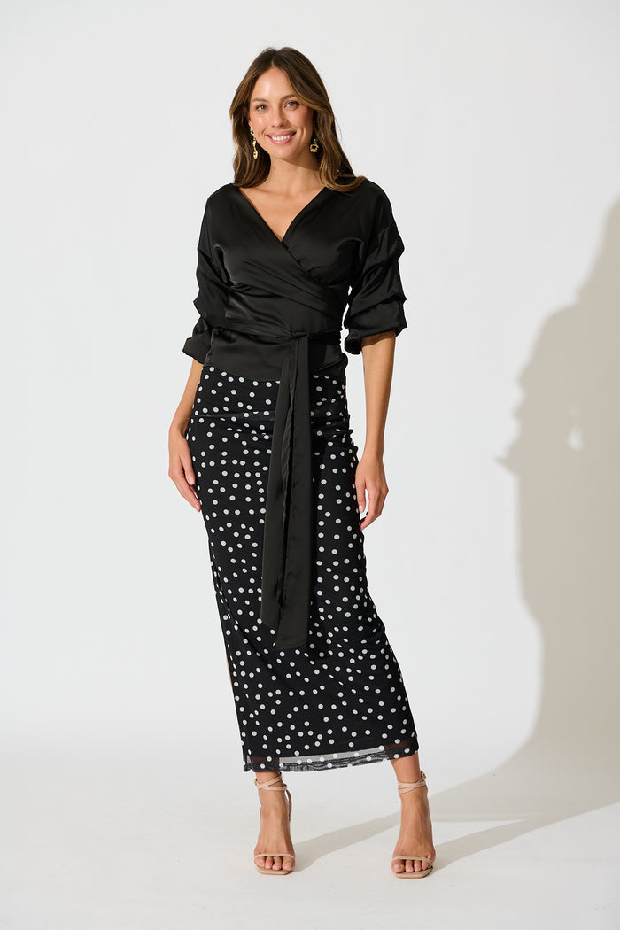 Satin Luxe Wrap Top in Black full length