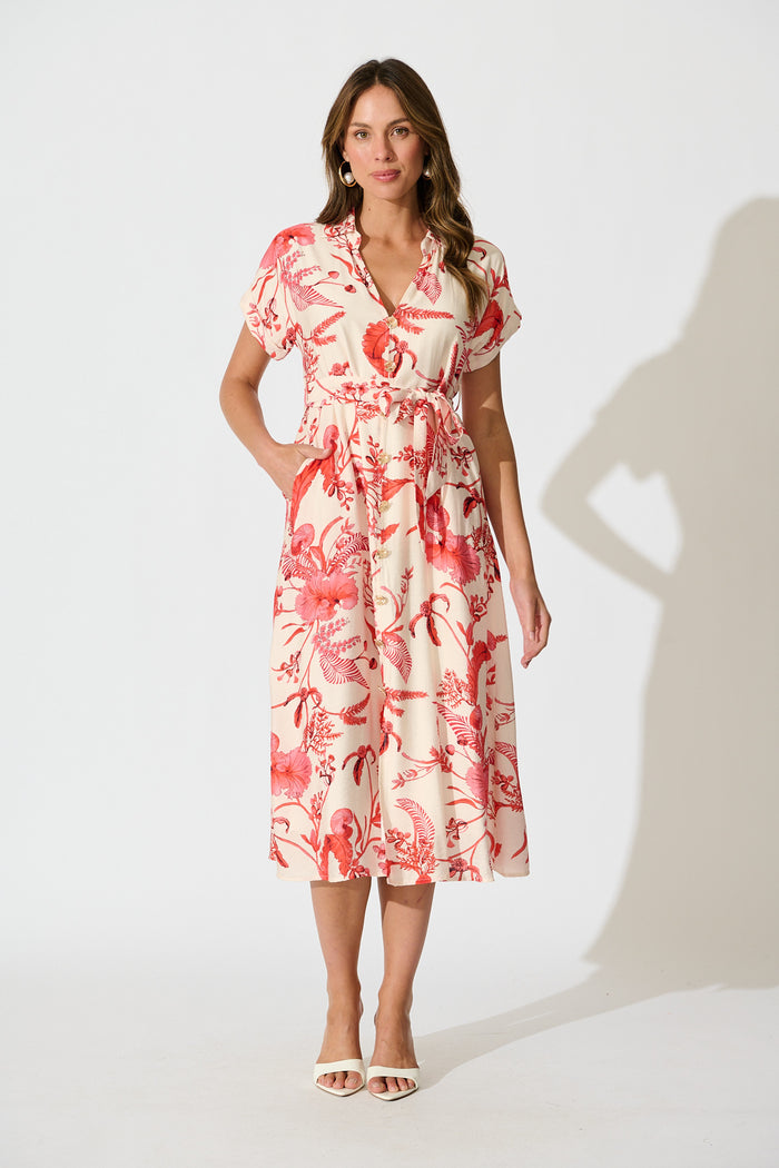 Arles Midi Dress in Cream with Coral Floral full length