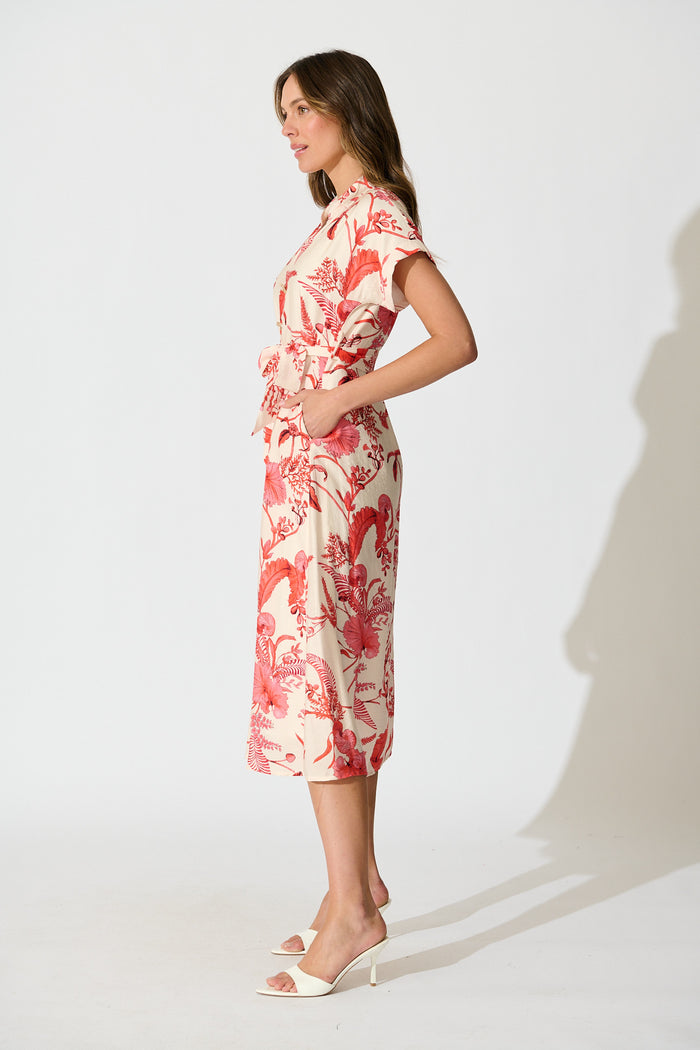 Arles Midi Dress in Cream with Coral Floral side