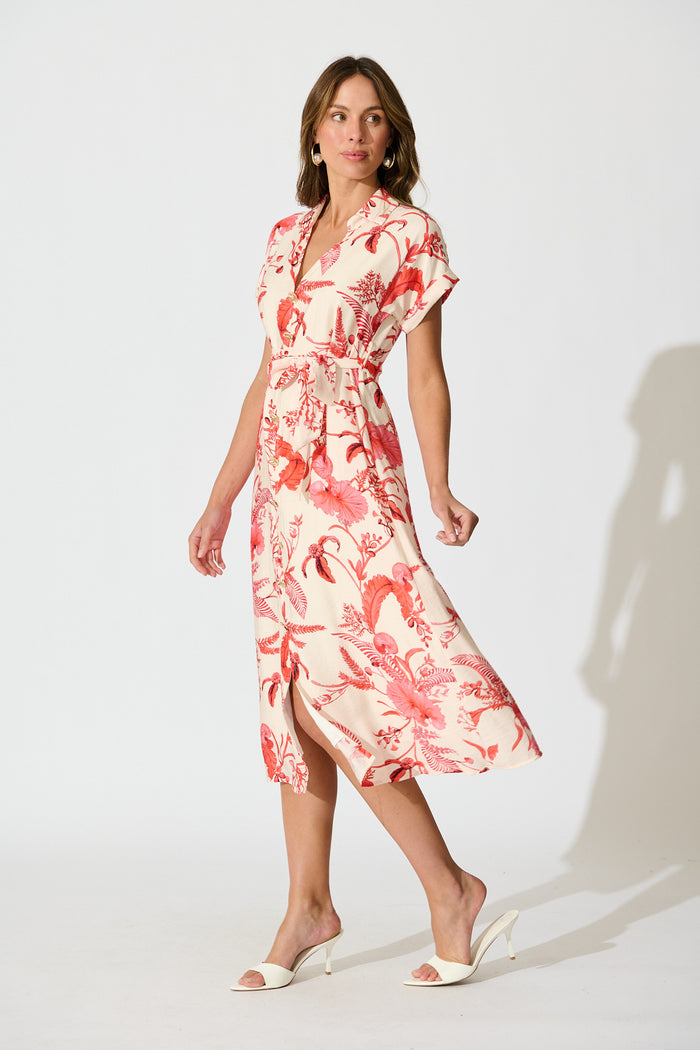 Arles Midi Dress in Cream with Coral Floral side