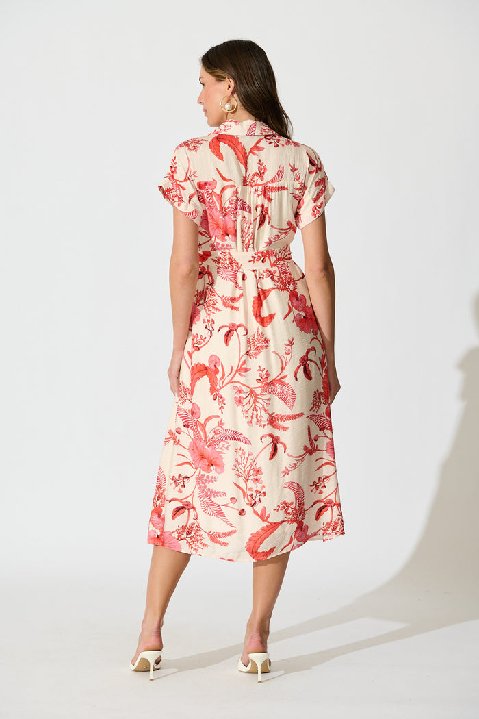 Arles Midi Dress in Cream with Coral Floral back