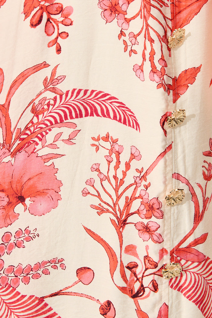 Arles Midi Dress in Cream with Coral Floral fabric