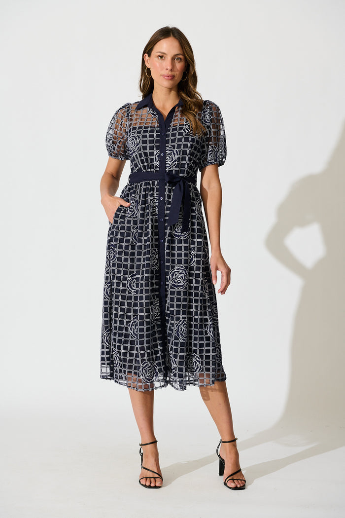 Almada Midi Shirt Dress in Navy Organza Floral full length