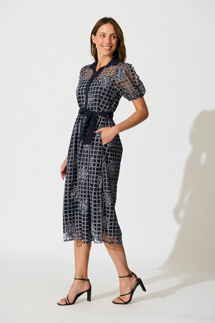 Almada Midi Shirt Dress in Navy Organza Floral side
