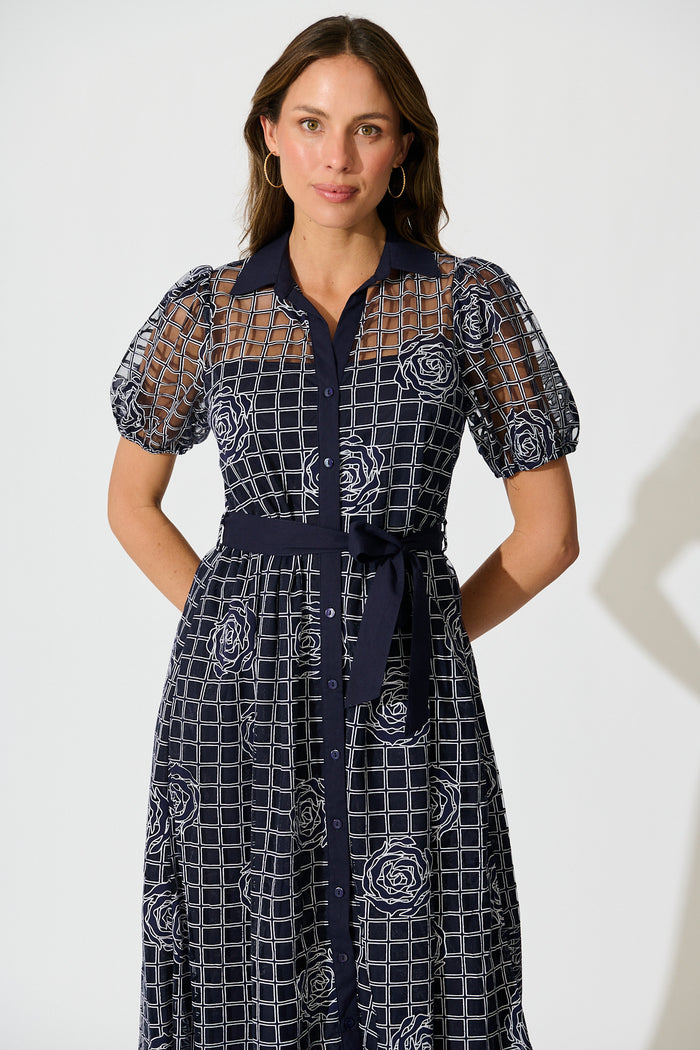 Almada Midi Shirt Dress in Navy Organza Floral front