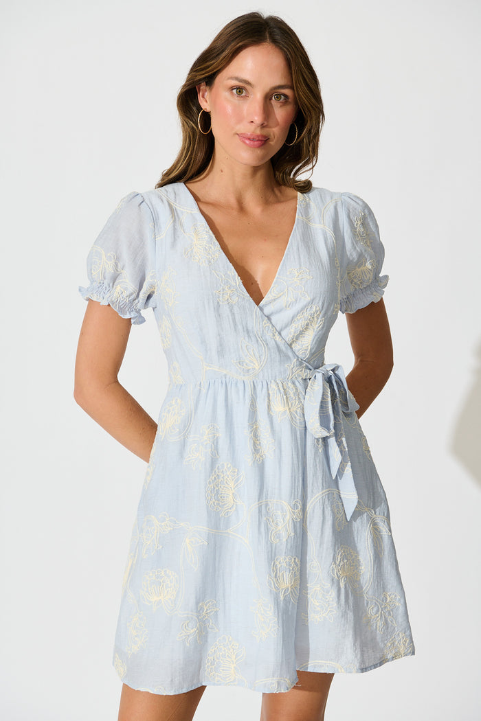 Nera Wrap Dress In Blue Floral Embroidery front