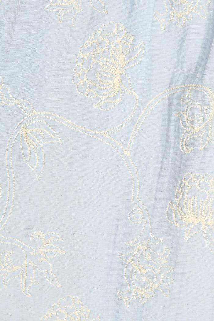 Nera Wrap Dress In Blue Floral Embroidery fabric