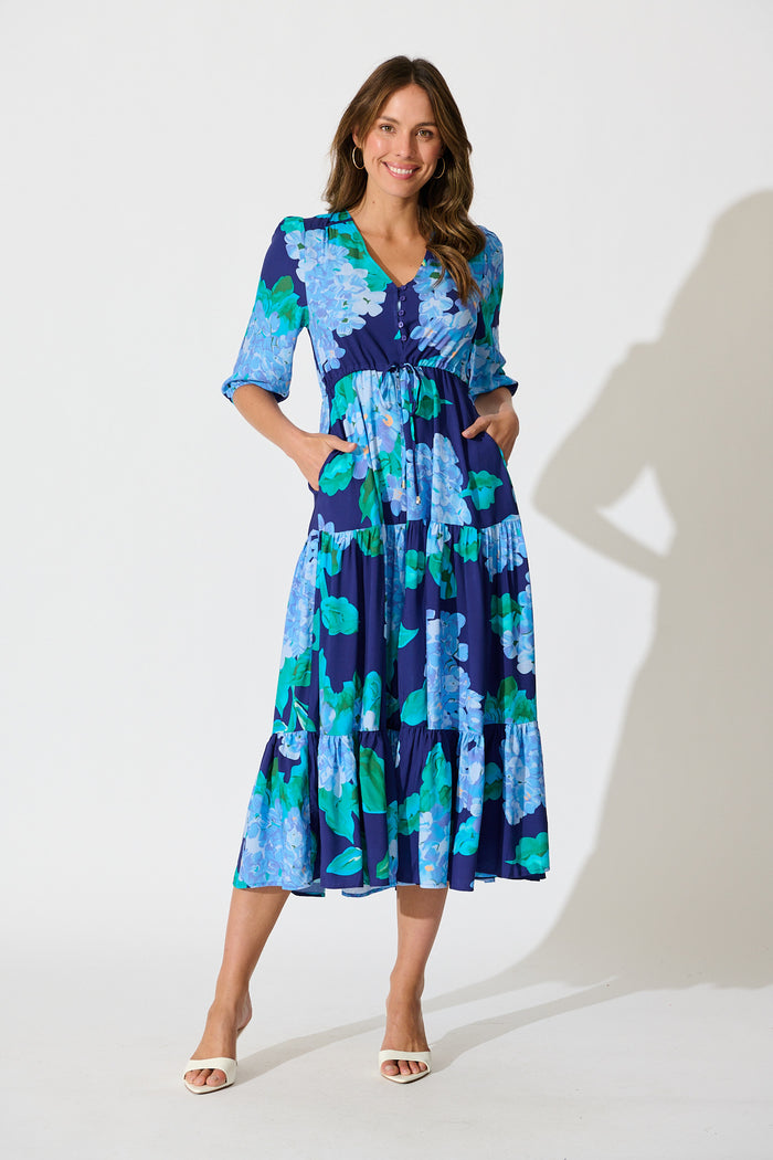 Danielle Midi Dress in Blue Floral full length
