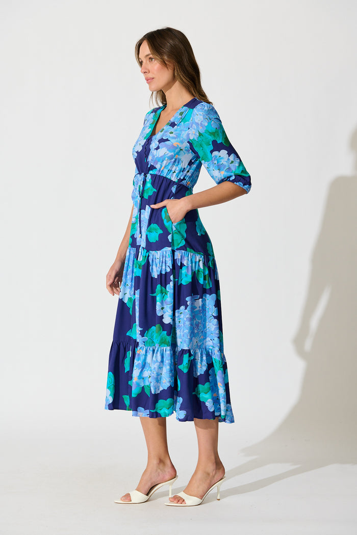 Danielle Midi Dress in Blue Floral side