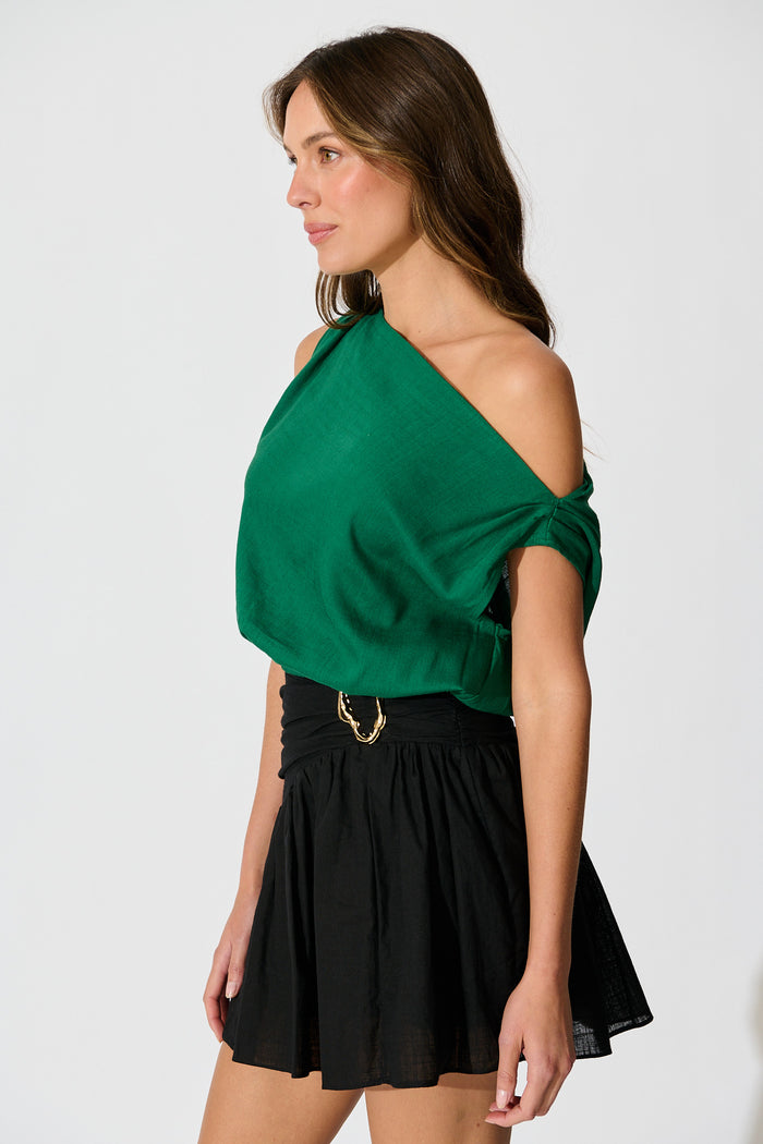 Lucille Off Shoulder Top In Emerald Cotton Linen side