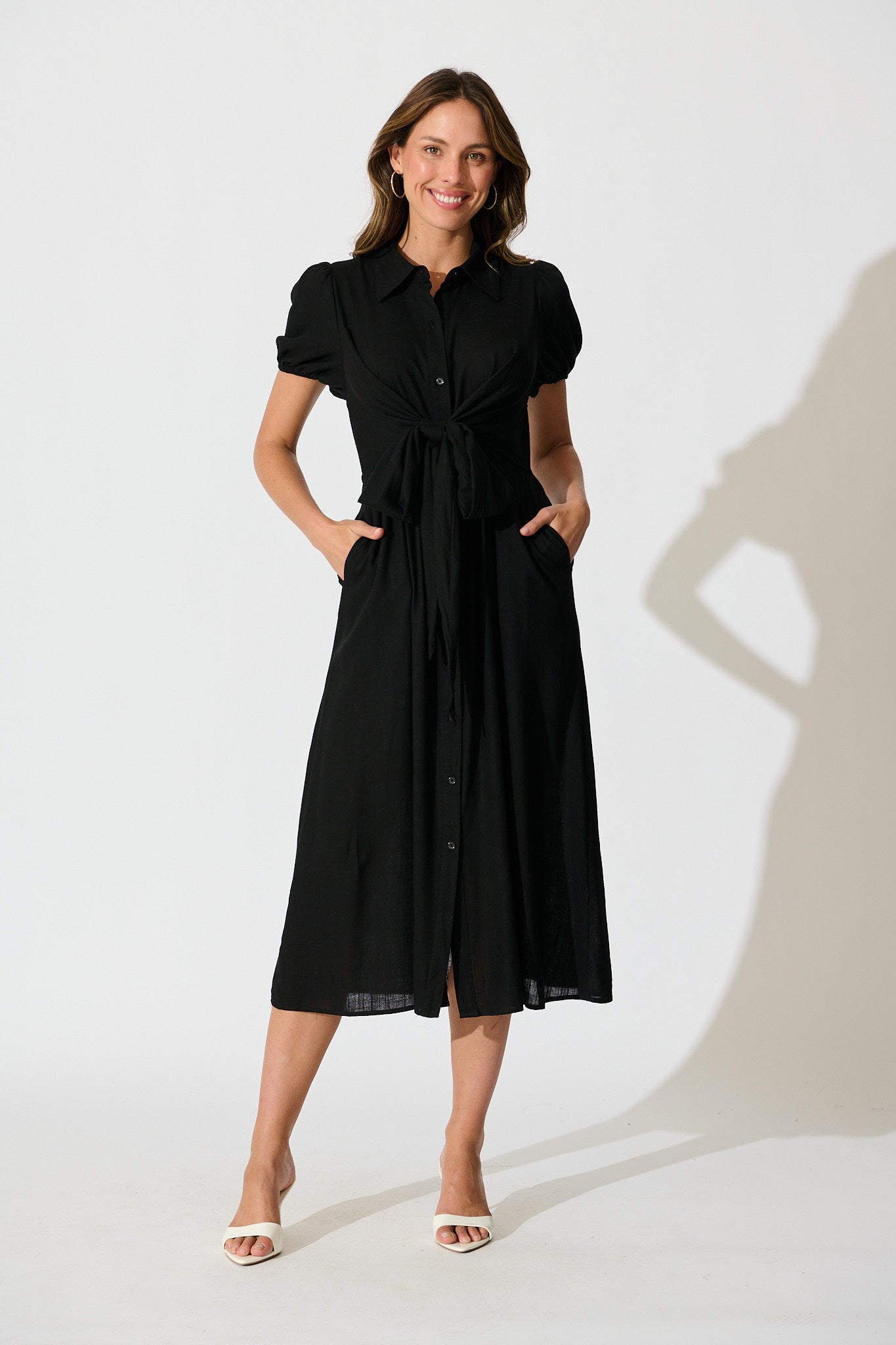 knee length dresses for ladies Linen Blend Pinstripe Midi Shirt Dress | Effortless Style main image 1