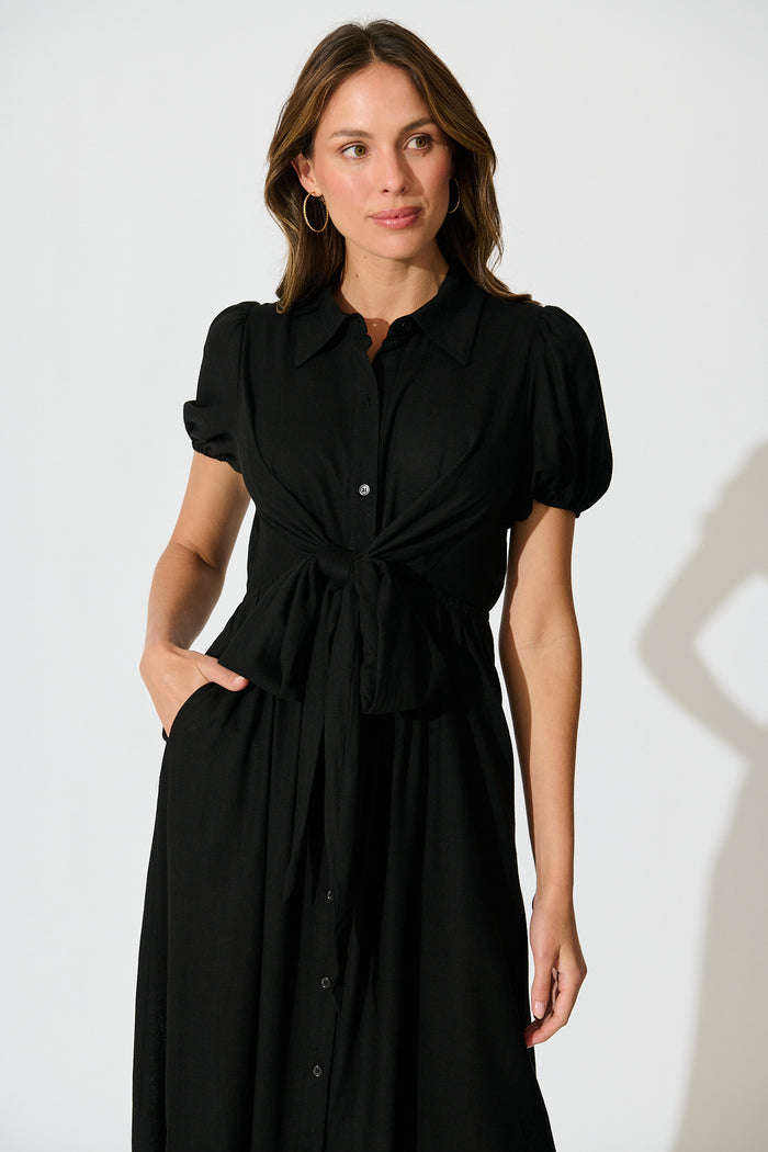 Lioda Midi Shirt Dress in Black Linen Blend front