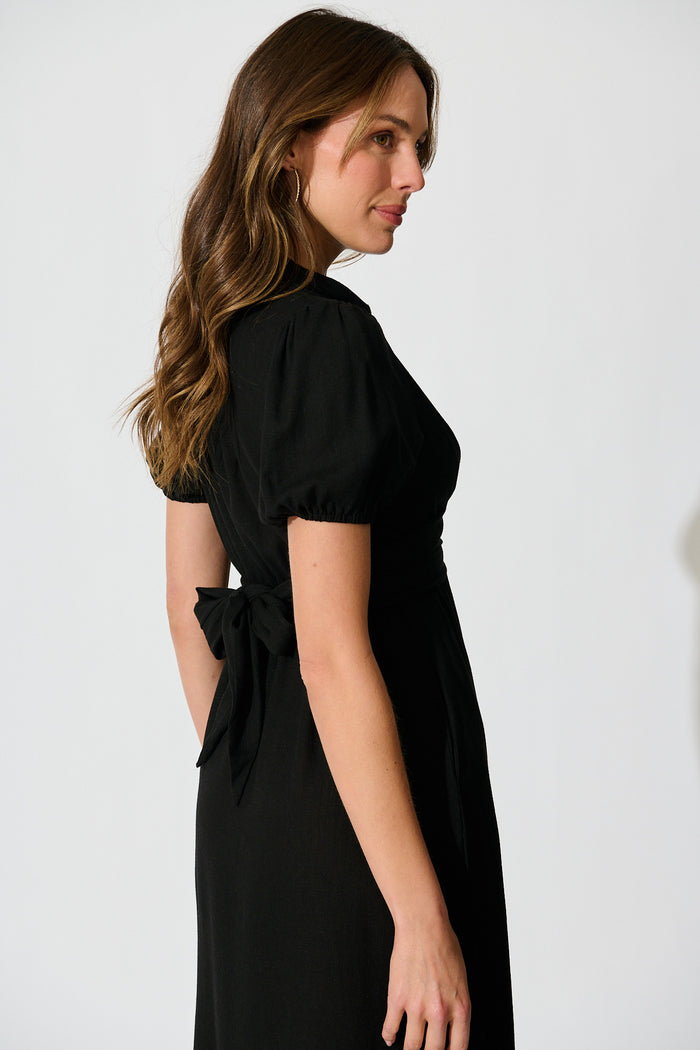 black linen midi shirt dress Lioda Midi Shirt Dress in Black Linen Blend