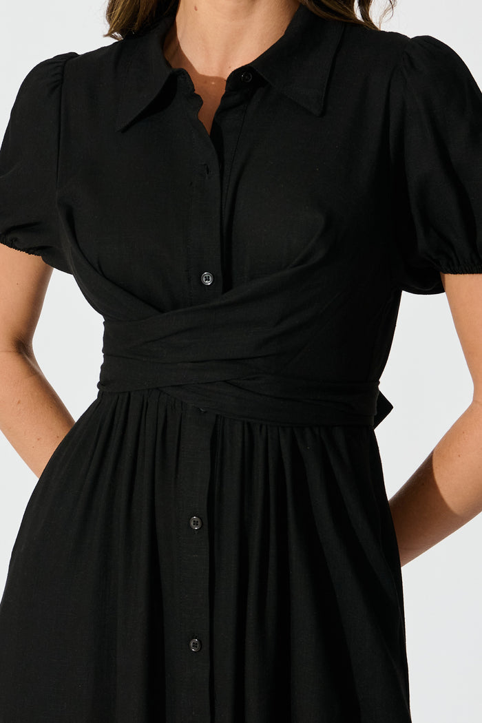 chinese dress ladies Lioda Midi Shirt Dress in Black Linen Blend