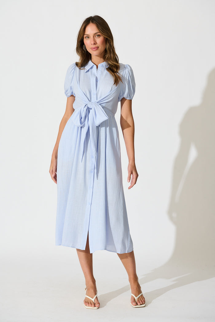 Lioda Midi Shirt Dress in Light Blue Linen Blend