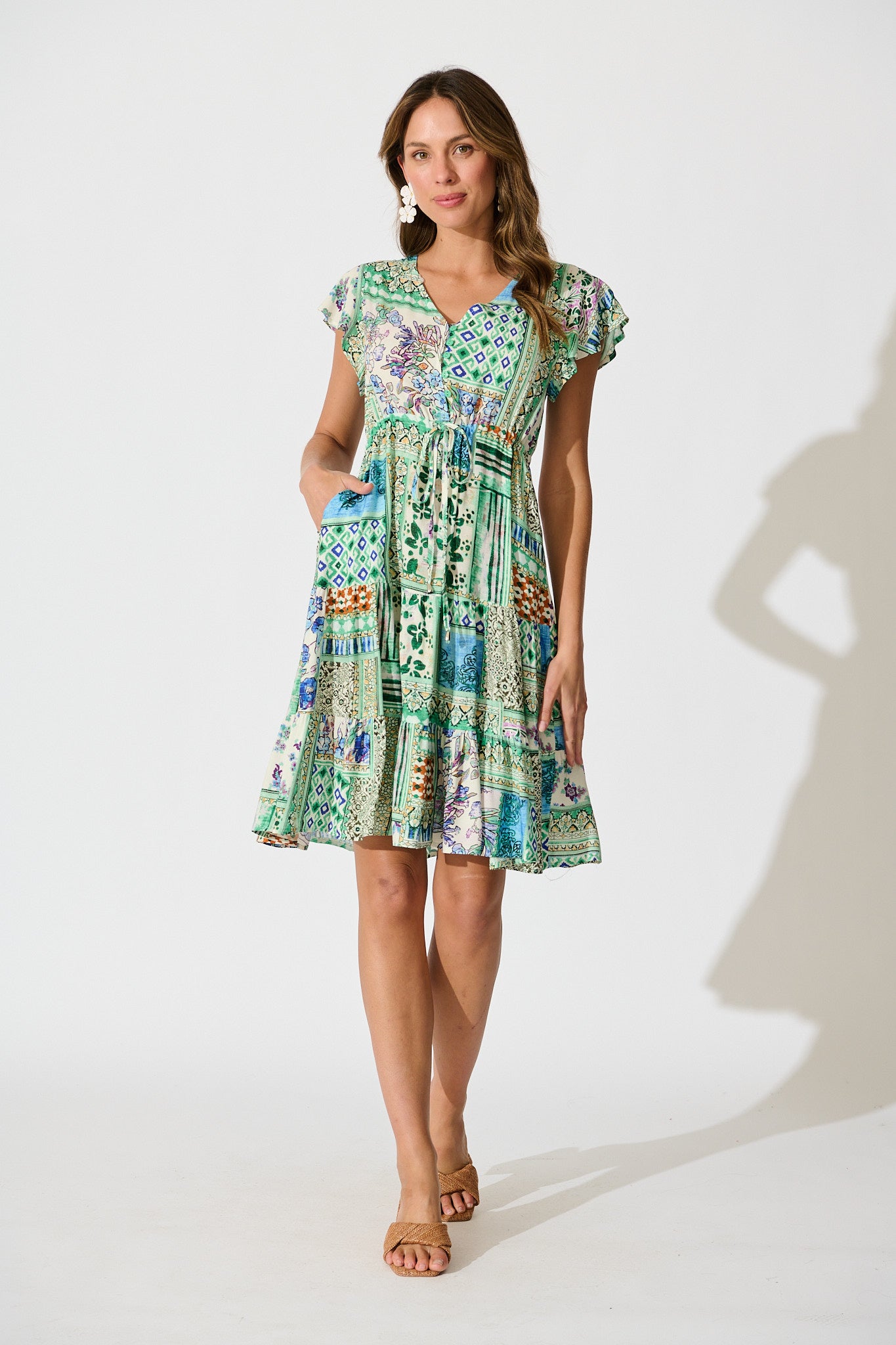 Allyza Dress in Green Multi Patchwork Print full length
