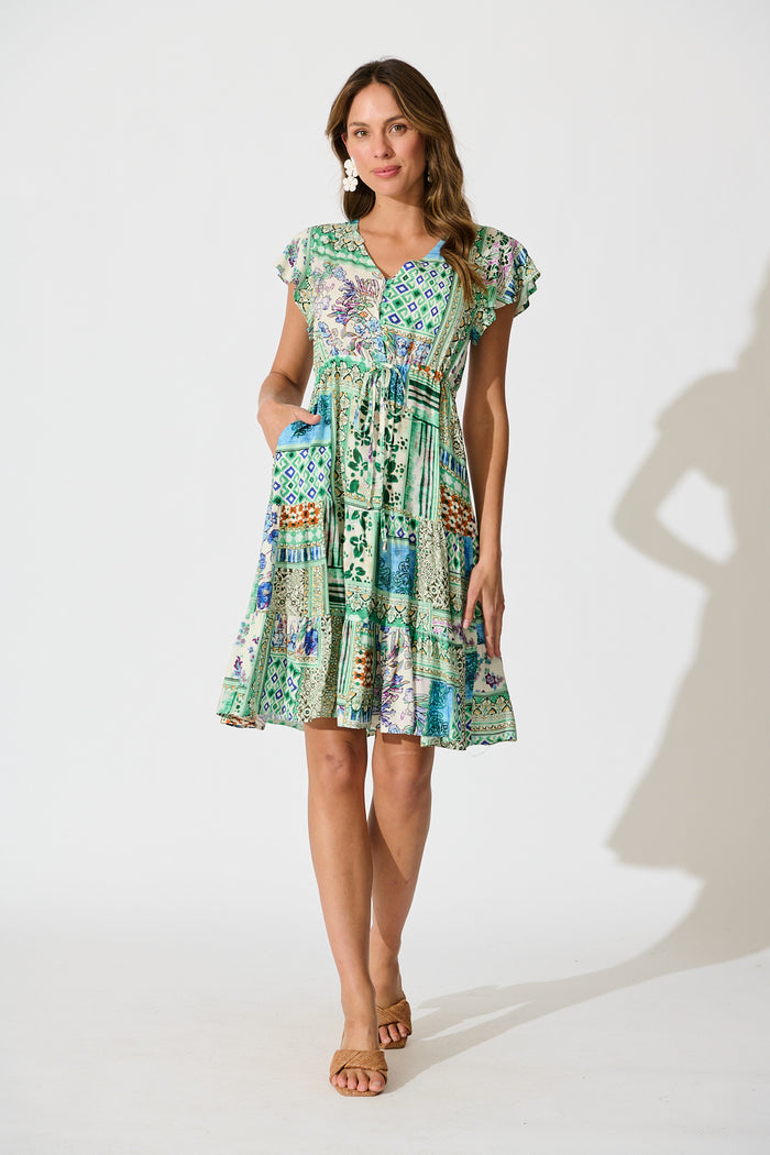 Allyza Dress in Green Multi Patchwork Print full length