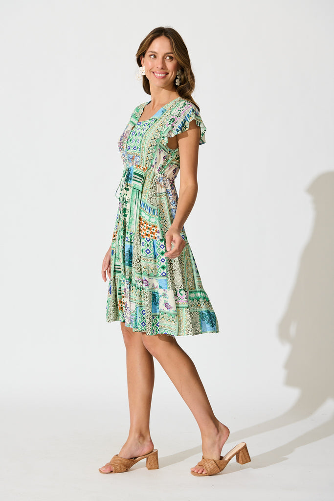 Allyza Dress in Green Multi Patchwork Print side
