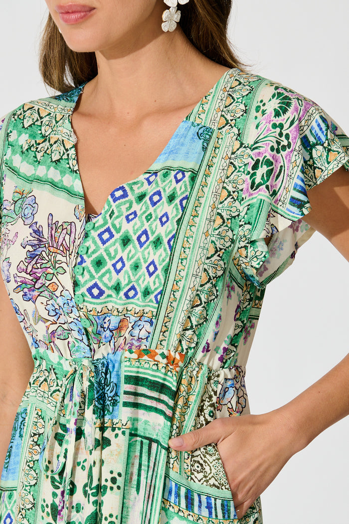Allyza Dress in Green Multi Patchwork Print detail
