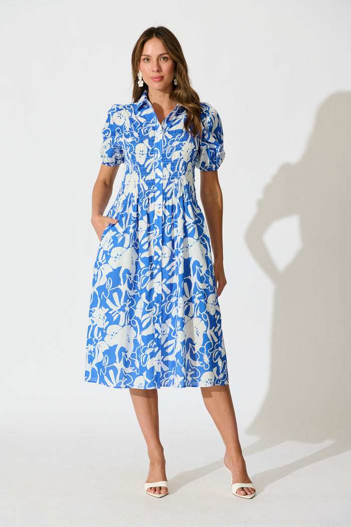Andra Maxi Shirt Dress in Blue and White Floral Cotton full length