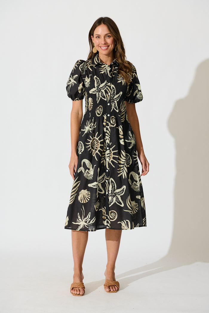 Andra Maxi Shirt Dress in Black and White Sea Shell Cotton full length