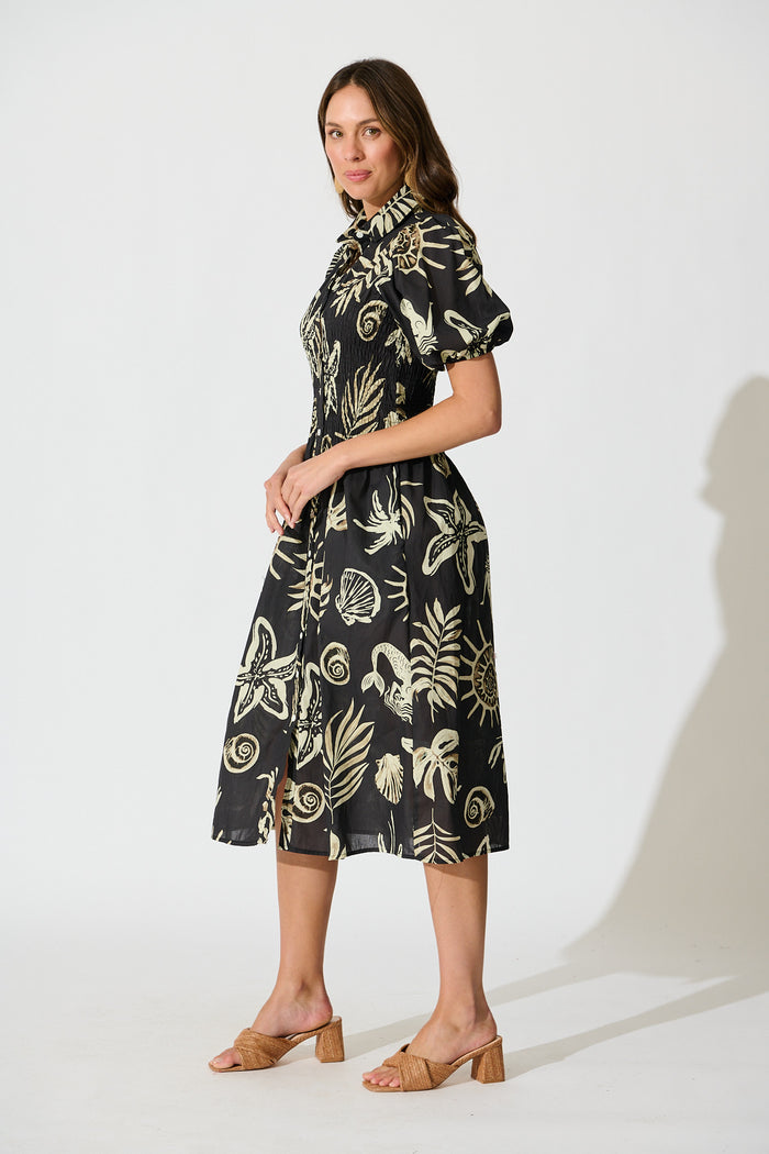 Andra Maxi Shirt Dress in Black and White Sea Shell Cotton side