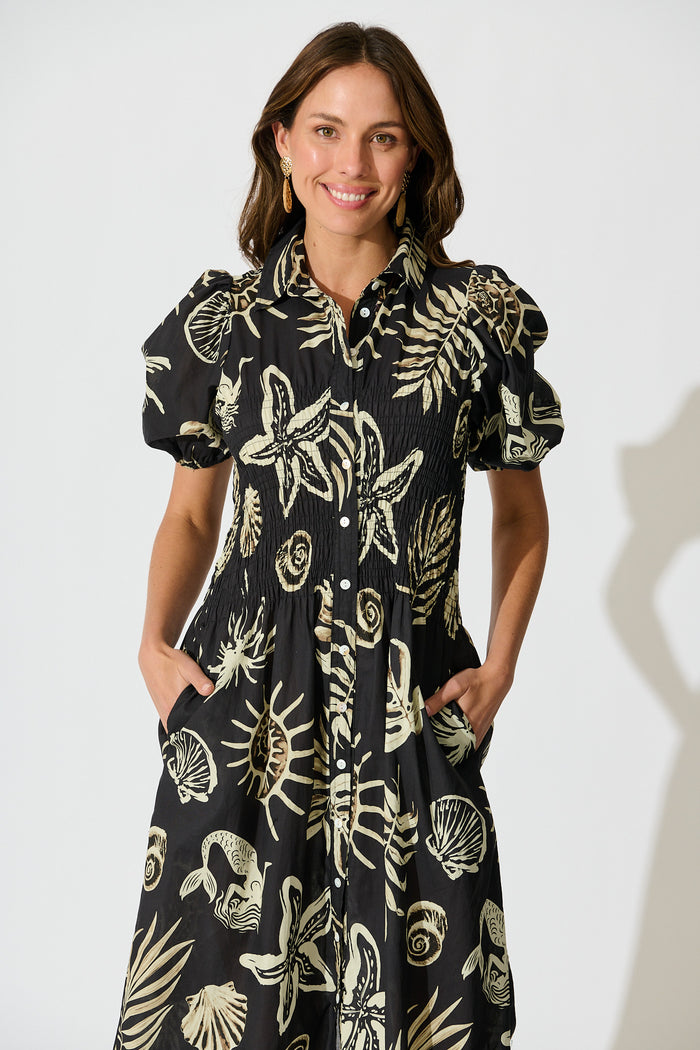 Andra Maxi Shirt Dress in Black and White Sea Shell Cotton front