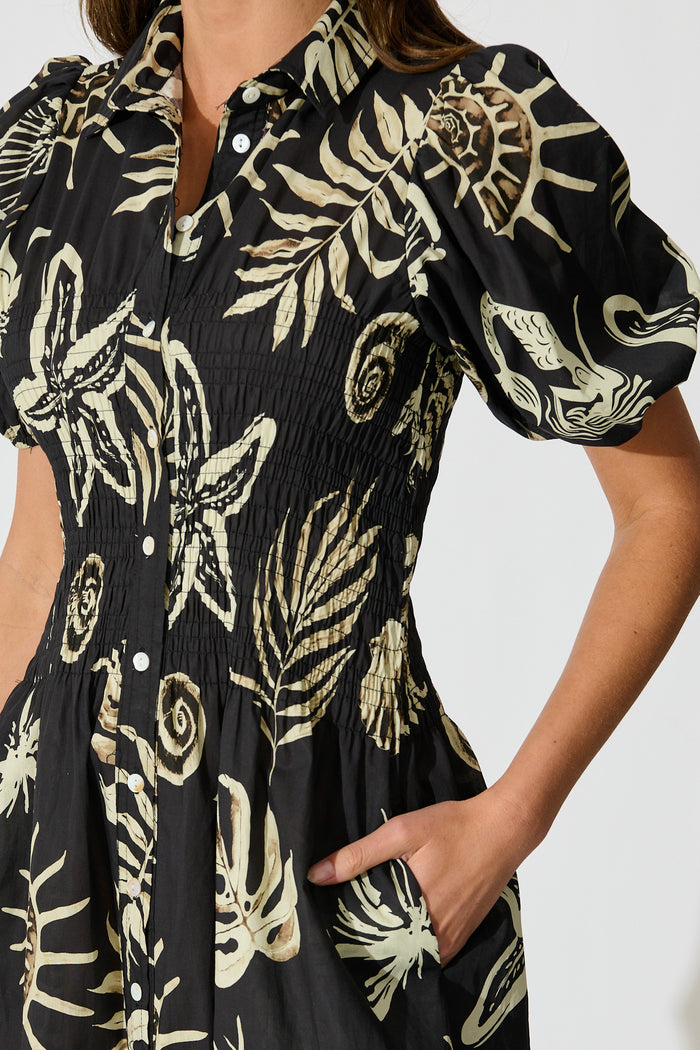 Andra Maxi Shirt Dress in Black and White Sea Shell Cotton detail