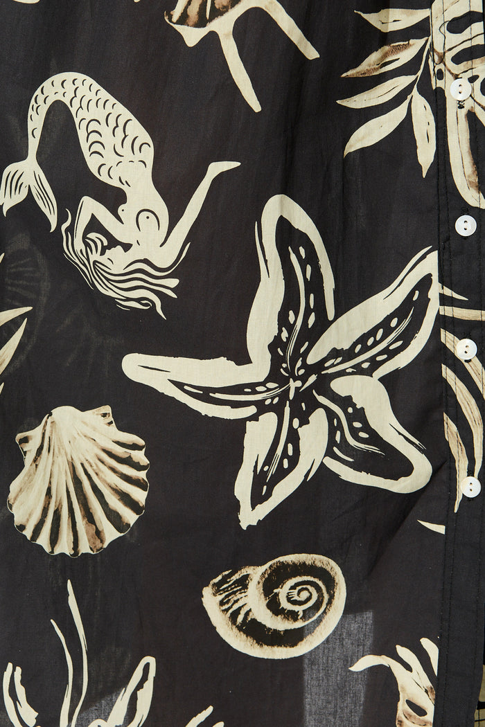 Andra Maxi Shirt Dress in Black and White Sea Shell Cotton fabric