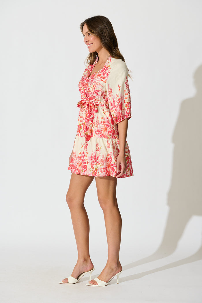 Jianna Dress in White with Pink Floral Linen Blend side