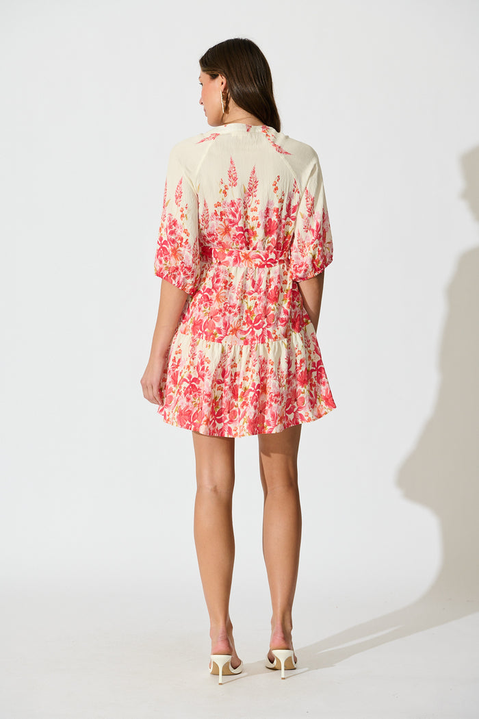 Jianna Dress in White with Pink Floral Linen Blend back