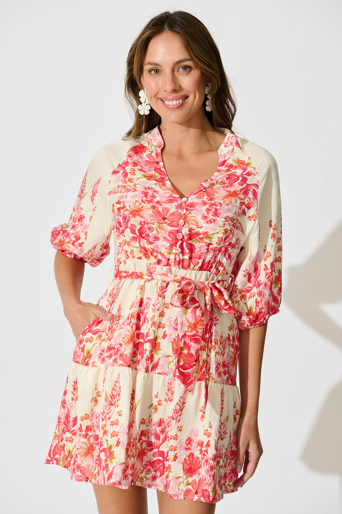 Jianna Dress in White with Pink Floral Linen Blend front