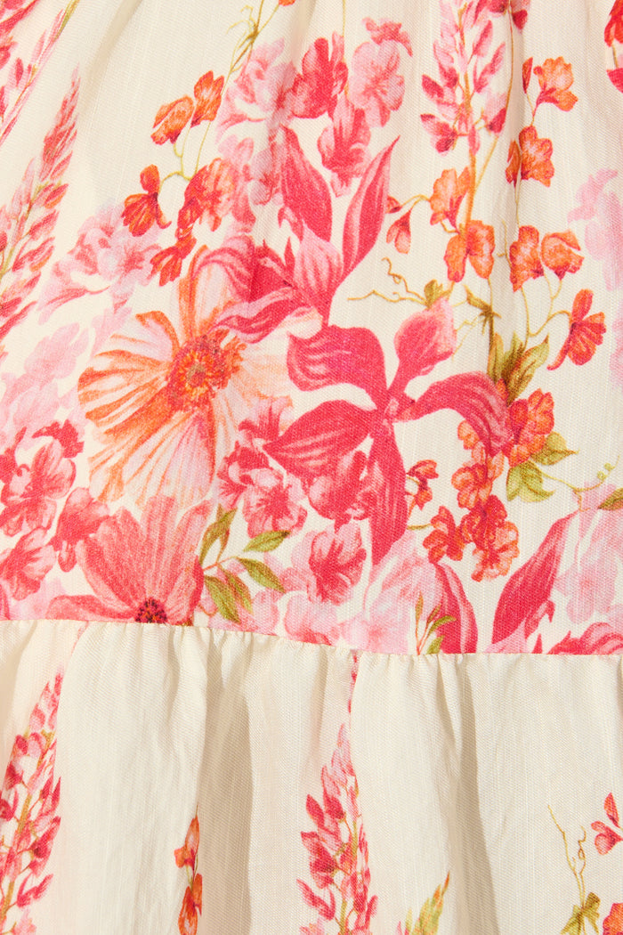 Jianna Dress in White with Pink Floral Linen Blend fabric