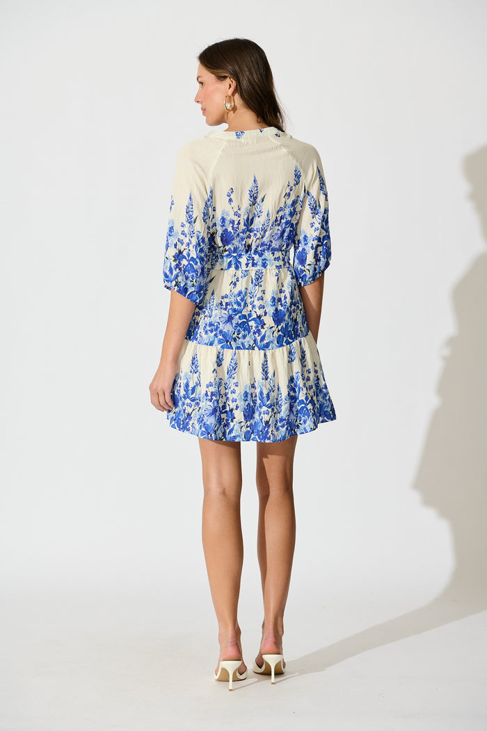 Jianna Dress in White with Blue Floral Linen Blend back