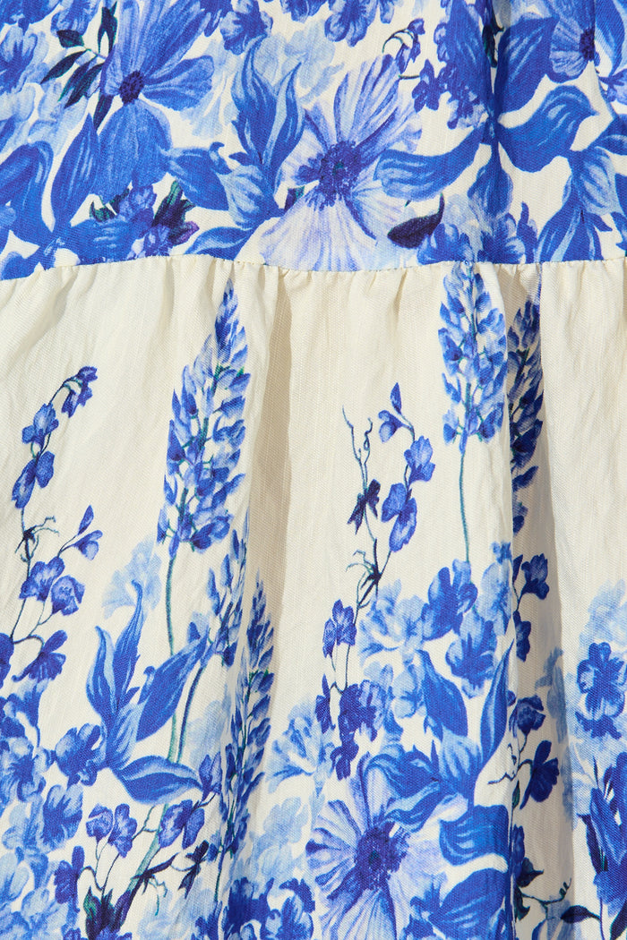 Jianna Dress in White with Blue Floral Linen Blend fabric