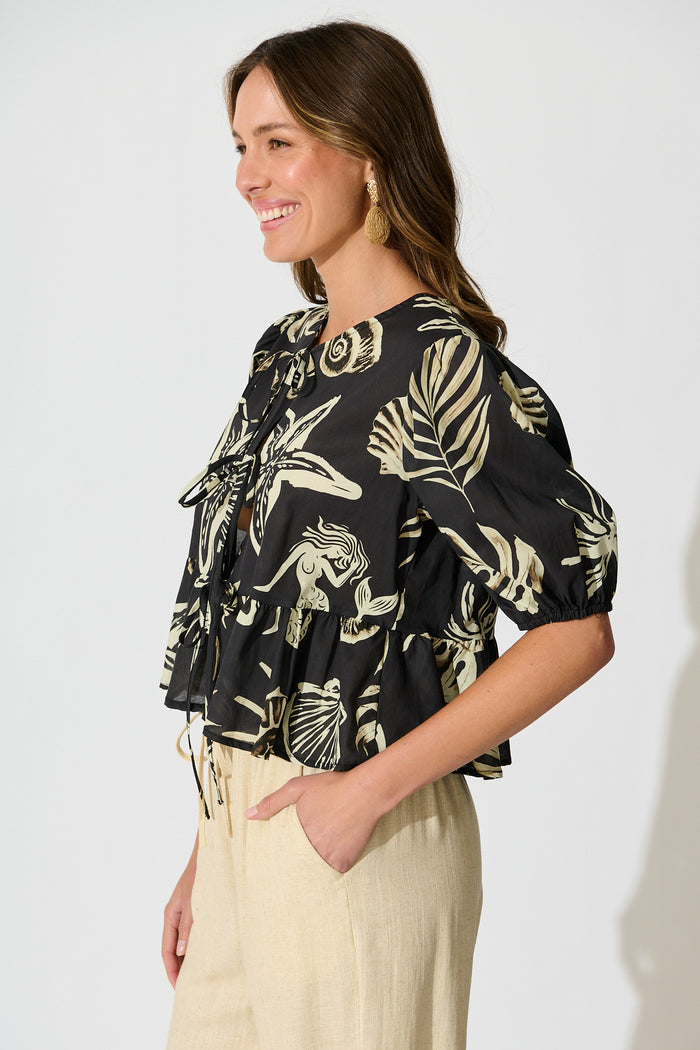 Elsbeth Tie Front Top Black and White Sea Shell Cotton side