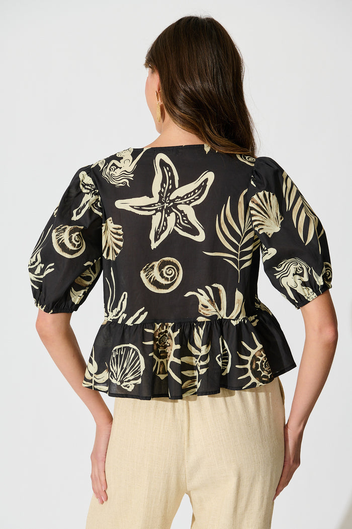 Elsbeth Tie Front Top Black and White Sea Shell Cotton back