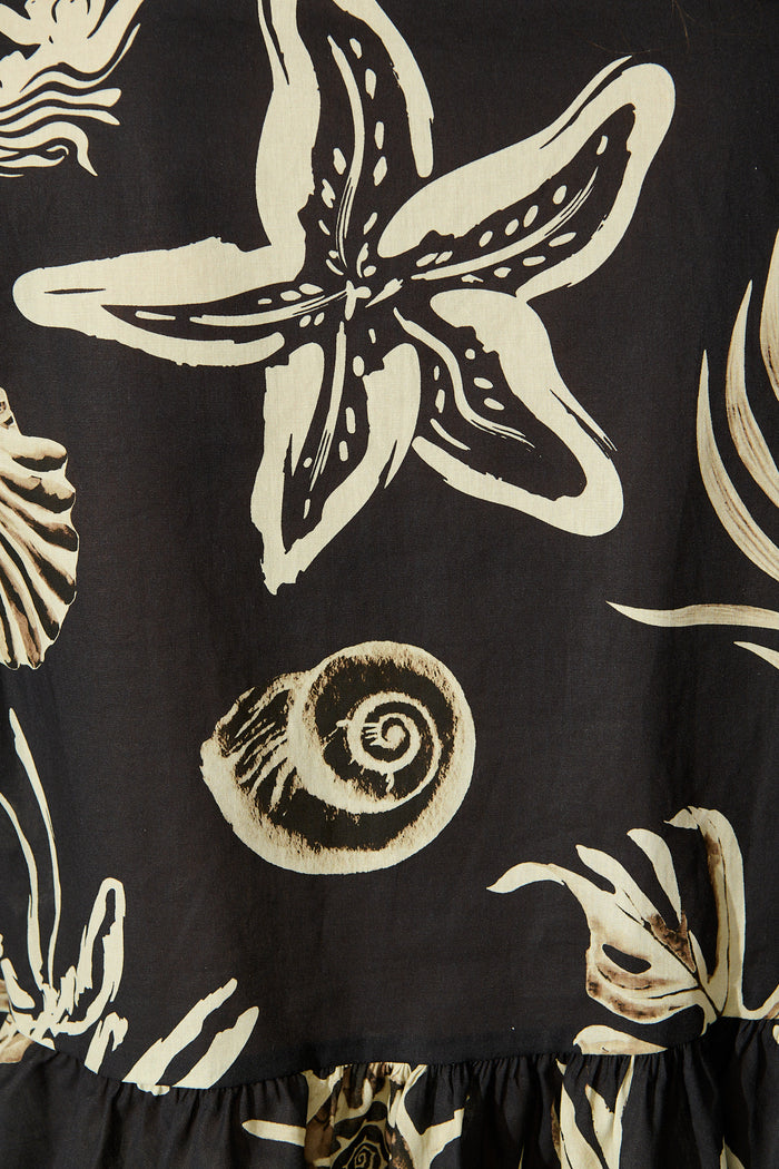 Elsbeth Tie Front Top Black and White Sea Shell Cotton fabric