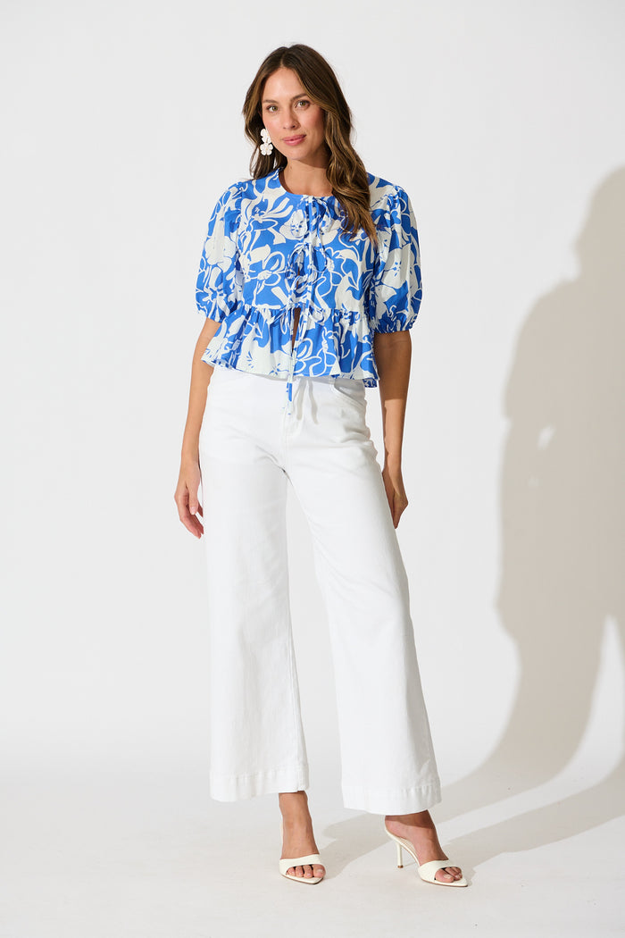 Elsbeth Tie Front Top in Blue and White Floral Cotton full length