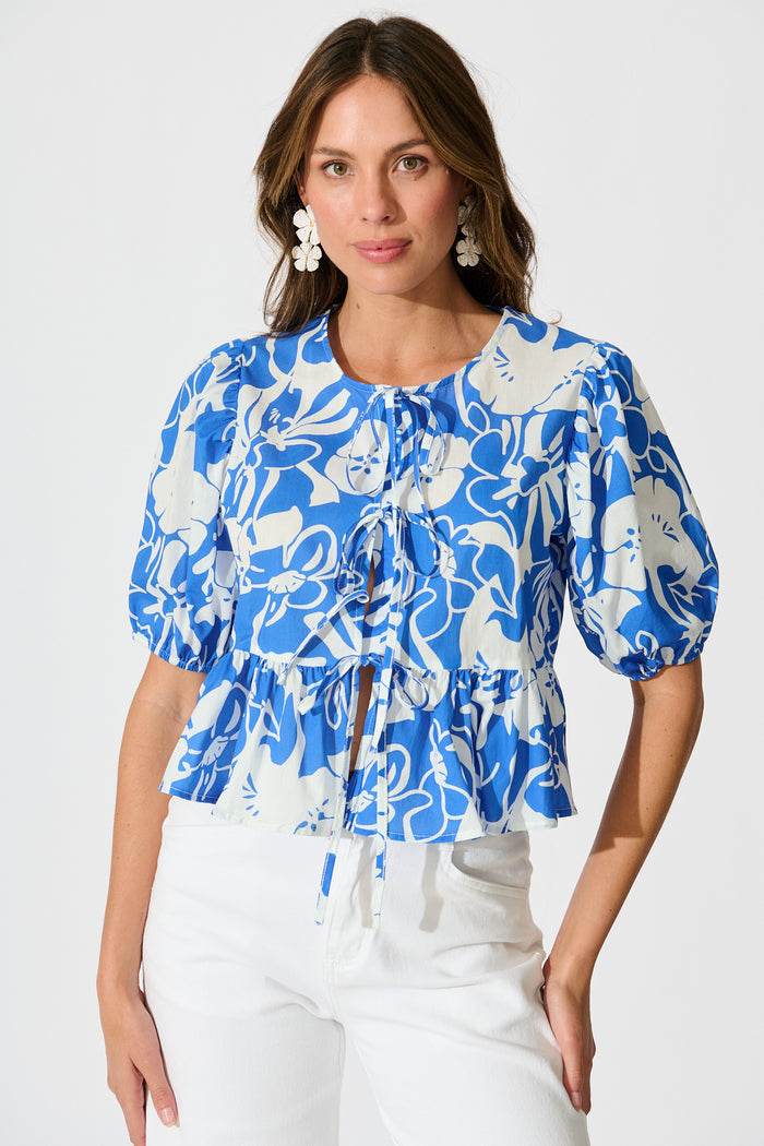 Elsbeth Tie Front Top in Blue and White Floral Cotton front