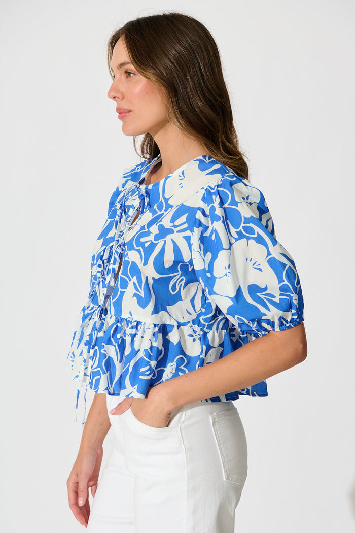 Elsbeth Tie Front Top in Blue and White Floral Cotton side