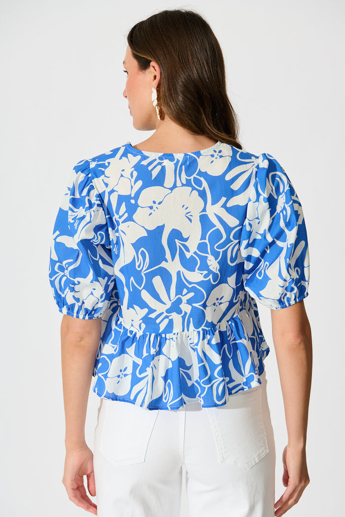 Elsbeth Tie Front Top in Blue and White Floral Cotton back