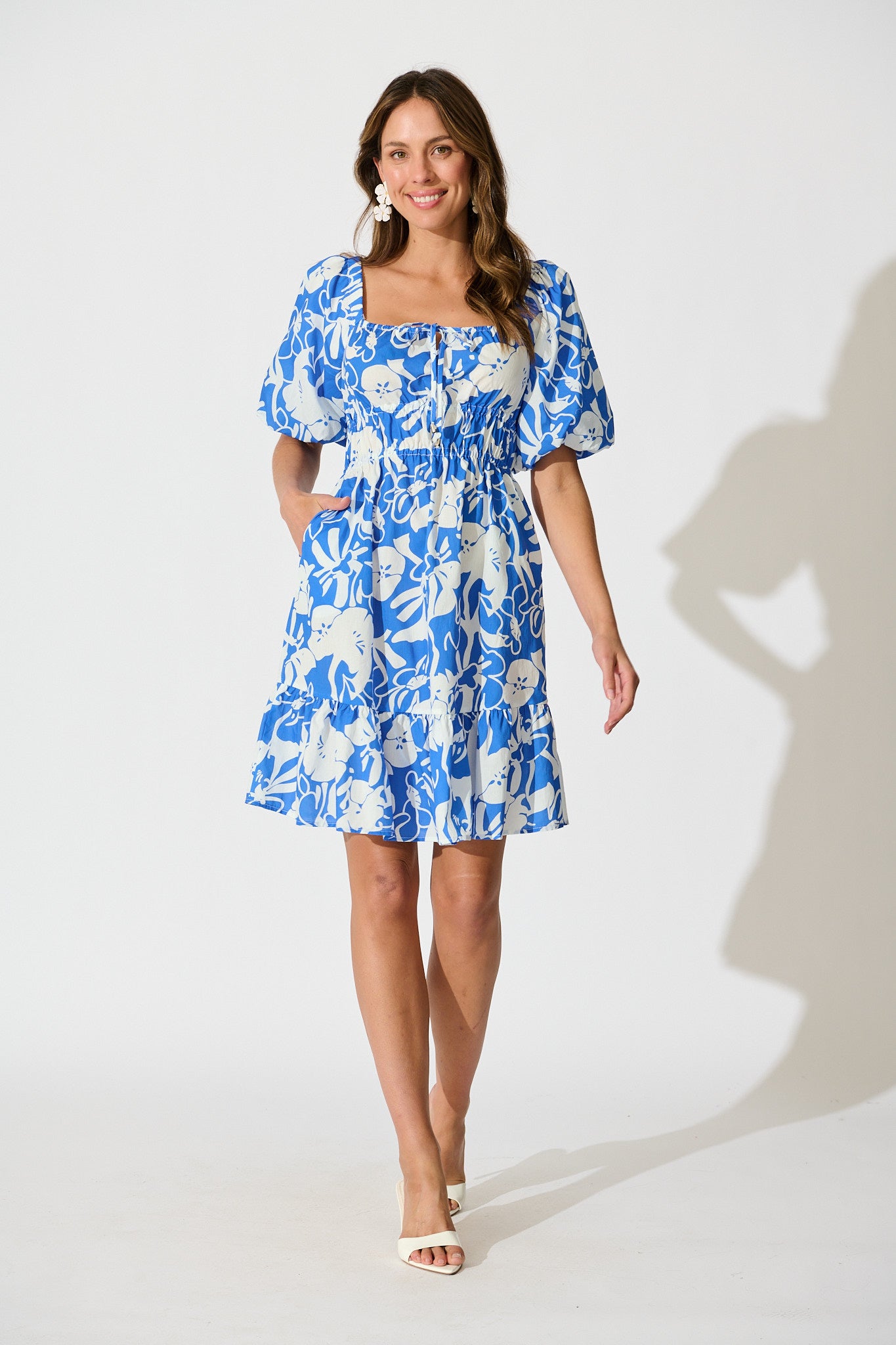 Andretta Dress in Blue and White Floral Cotton full length